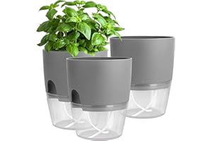 Wuudi Doniczka na zioła z tworzywa sztucznego z systemem nawadniania, 3 sztuki, zestaw kuchenny, parapet z samoczynnym nawadnianiem i zbiornikiem wody, do kuchni, na balkon, do sypialni, kolor szary