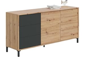 Habitdesign, Aparador 2 Puertas y 3 Cajones, Buffet para Salon, Modelo Brooklyn, Acabado en Color Roble Nodi y Gris Antracita, Medidas: 154 cm (Ancho) x 74 cm (Alto) x 41 cm (Fondo)