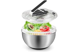 Pfloge Centrifuga Insalata in Acciaio Inox, 4,5L Asciuga Insalata Centrifuga con Coperchio E Base Antiscivolo, Lava Insalata Centrifuga Ideale per Lavare E Asciugare Verdure E Pasta
