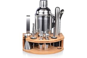 Quilamix 12-teiliges Cocktail Shaker Set mit Bambusständer, 750ml Edelstahl-Barkeeper-Set für Mixgetränke, Geschenk für Freunde, Männer, Frauen, mit Rezeptheft