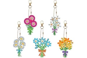 JSRQT 5 Pcs 5D Diamond Art Painting Keyrings, Flower Full Drill Diamond Art Painting Keychain, Double Sided Diamond Art Keyrings, DIY Diamond Keychains for Women Purse Backpack Handbag Decor