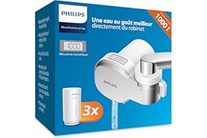 Philips Water Filtre à eau MICROFILTRATION avec affichage numérique, 3 cartouches, filtre SÉDIMENTS, CHLORE et autres impuretés, capacité de filtration de 1.000 L