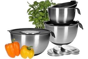 TALK-POINT Bols mélangeur en acier inoxydable 18/10, Saladier - Avec couvercle et 4 râpes à légumes, graduation intérieure, fond en silicone antidérapant (11 pcs. avec poignée)