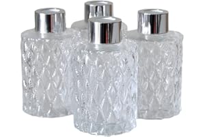 Ougual 4 Piezas Botellas de difusor de Vidrio cilíndrico de Talla de Diamante, contenedor de aceites Esenciales (120ML, Gorras de Plata)