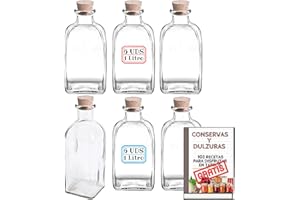 MUNDOTARROS Pack 6 Frascas de Cristal de 1 litro con Tapón de Corcho - Frascos Cuadrados Herméticos Rellenables y Reutilizables Resistentes para Bebidas, Aceite, Vino, Licor... Incluye Etiquetas (1000 cc)
