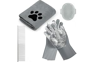 PAWSVEL Hundewasch-Set, 4-in-1 Hundebade-Set mit Trockentuch, Waschhandschuhen, Metallkamm, Massagebürste – Hundedusch, Ideales Pflegeset für Haustiere (4-Grau)