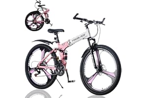 LSBIKE 24 26 27.5In Foldable Mountain Bike Dual Suspension Hardtail Bicycle Men Women Mountain Bike 21 Speed Drivetrain Lightweight Frame Sport Cycling Bike for Adult