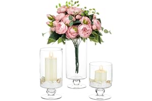 Nuptio 3 Piezas Jarrón Vidrio Grande Candelabro Vidrio, Candelabro Huracán para Velas Pilar Jarrones Vidrio Altos para Centros Mesa, Jarrones Flores Vidrio para Decoración Mesa Boda Fiesta Navidad