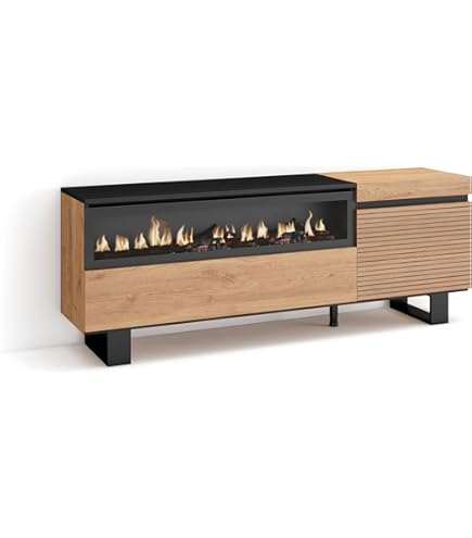 TV-Meubel, Lowboard, Woonkamer, Eetkamer, 160, Voor tv's tot 65, Elektrische haard XXL, Industrieel design, Moderne stijl, Zwart _ 421_6