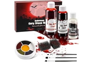 AIFANCIEY Kunstblut Halloween, 58ml Künstliches Frisches Blut, 48ml dunkelrotes TheaterBlut, 28ml Flüssiges Latex, Make-up Pinsel, Schminkpalette und Schwamm, auswaschbar für Halloween Zombie Vampir Wunde