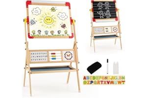 ‎HOMASIS HOMASIS 3 in 1 Kindertafel doppelseitig, Holz Staffelei mit Kreidetafel, magnetischen Whiteboard & Papierrolle, Kinderstaffelei 360°drehbar mit Abakus, Alphabet & Uhr, Maltafel für Kinder ab 3 Jahren