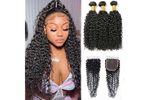 LOVFIR Tissage Bresilien avec Closure Tissage Naturel Cheveux Humain Tissage Cheveux Naturels 10 12 14+10 Pouce Curly Human Hair Bundles Tissage Bresilien Boucle Tissage Brésilien Vagues