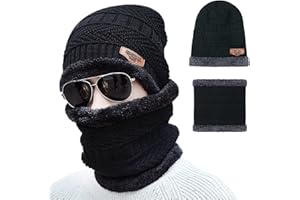 iTGOOS 1 Set Winter Knitted Beanie Hat with Winter Scarf Set Synthetic Wool Warm with Thick Fleece Lined Elastic Neck Warmer Snugly Fit for Men Women Black