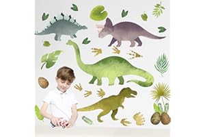 BOARSHUA Watercolor Dinosaur Wall Stickers, Large Peel and Stick Dino Wall Decal Vinyl Tropical Forest Dinosaur Clings for Baby Boy Girl Nursery Kids Bedroom Living Room Playroom Classroom Home Decor