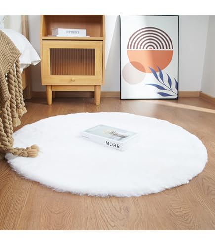 GHOUSE Slaapkamer shaggy pluche rond tapijt,pluizig tapijt,kunstbont,Antislip achterkant,Wasbaar vloerkleed,voor woonkamer,slaapkamer,bank,mat,90x90cm,wit