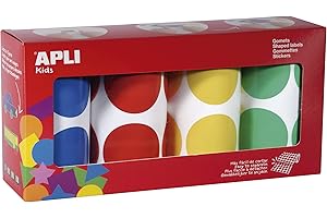 Apli kids 17634 - Lot de 4 rouleaux de gommettes rondes, Ø 45 mm, jaune/bleu/rouge/vert.
