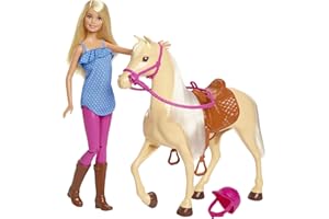 Barbie et son cheval, poupée blonde en tenue d'équitation avec genoux articulés, jouet pour enfant, FXH13