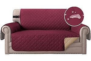 H.Versailtex Sofa Cover 2 Seater, Water Resistant Sofa Protectors From Pets, Washable Sofa couch covers with Elastic Strap, Quilted Sofa Slipcover for Kids/Dogs (Burgundy/Tan)