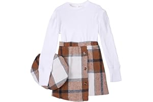SRTUMEY 5t Dress Toddler Kids Child Girls Long Sleeve Ribbed Solid Tops Blouse Plaid Skirt with Hat Outfit Set 3PCS Girls Deep Dress