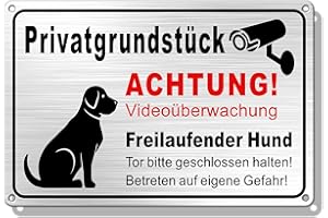 ‎TAKULA TAKULA Freilaufender Hund Schild- Videouberwachung Privatgrundstuck,30 * 20CM Hier Wache ich Hund Schild,Selbstklebende Warnschilder mit Selbstbohrenden Löchern