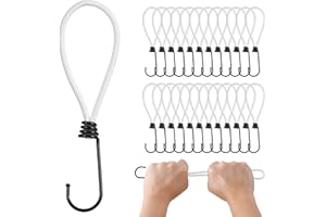 PRETEX Corde Elastiche con Gancio - Set di 25 da 18 cm - Ganci Elastici Universali - Elastici con Ganci Resistenti per Teloni Occhiellati Striscioni e Campeggio - Corda Bianca e Gancio Nero