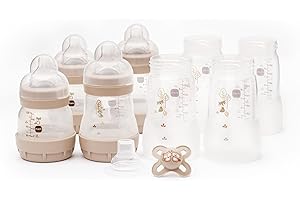 MAM Easy Start Anti-Colic Bottle Starter Set | Includes 4X Feeding Bottles and MAM Original Start 0-2 Month Soother | Self-Sterilising | Baby Gift Set of Newborn Essentials | White (Various Designs)
