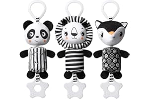 Aolso Juguetes Colgantes para Cochecitos,3PCS Juguete Actividades Sonajero Recien Nacido,Juguetes de Peluche Suave para Bebés para Cochecito, Cuna,Conjuntos de Formas de Alto Contraste Juguetes