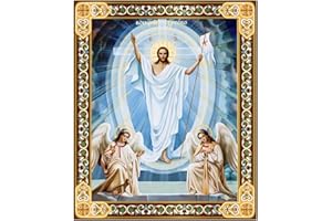 NEEDZO Resurrection of Christ Jesus Icon With Angels Catholic Orthodox Christian Russian Icon on Wood, Religious Easter Gift for Kids and Adults 3 Inch, Gold Foil
