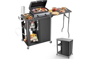 GFTIME Chariot de barbecue 143 x 37 x 89 cm, support pour pizzas, table de barbecue mobile pour barbecue extérieur, chariot de travail avec table d'appoint pliable, crochets, étagère de rangement et