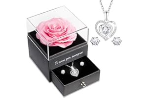 Sunia Rosa Eterna Stabilizzata, Vera Rosa Eterna con Collana Argento 925 Donna con cuore e Orecchini, Ti Amo per Sempre Regalo, Idee Regalo Donna,Regalo Anniversario Matrimonio,Regalo Compleanno Mamma