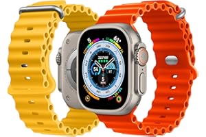 NUKELOLO 2 Stück Ocean Armband Kompatibel mit Apple Watch Ultra 49mm 46mm 45mm 44mm 42mm 41mm 40mm 38mm, Soft Silikon Sport Armband für iwatch Series 10 Ultra 9 8 7 6 5 4 3 2 1 SE, Gelb/Orange