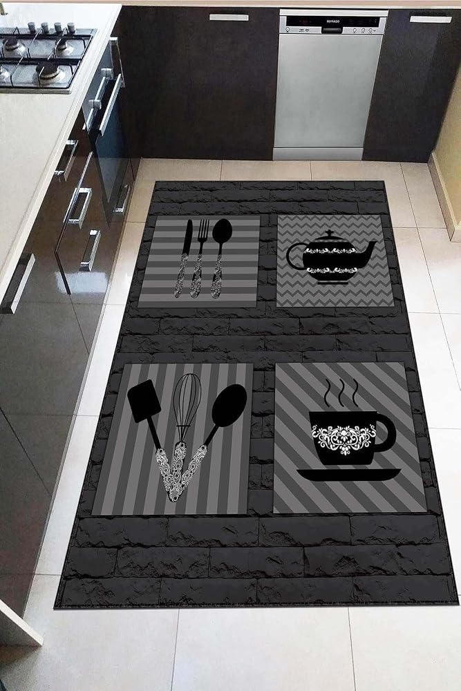 Viva Home Kaymaz Taban Makinede Yıkanabilir Mutfak Halısı Ar818, Siyah, 100 X 200