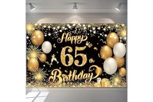 YONTREE Happy 65th Birthday Banner Gold 1.1 x 1.8m Happy Birthday Banner Backdrop 65th birthday Decorations for Women Men, 65 Years Old BIRTHDAY Anniversary Party Supplies (Black Gold)