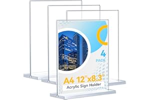WUBUSHAN 4 Piezas de Expositor de Metacrilato A4, Porta Menus para Restaurantes, Soporte en Forma de T, Transparente – Ideal para Restaurantes, Oficinas, Menús y Fotos