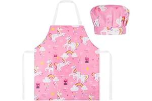 ABOHU Set Grembiule e Cappello da Chef per Bambini, Grembiule da Cucina Regolabile con Tasche, Grembiule da Chef per Cucinare e Cuocere la Pittura