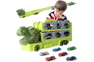 Hiyorsoa Dinosaur Car Transporter Truck Toy for 3 4 5 6 7 8 Year Old Boys, Monster Toddler Carrier Truck Vehicles Toys for Kids with 6 Race Cars, Best Gift Race Track Truck Toy Car for Boys Ages 3-8
