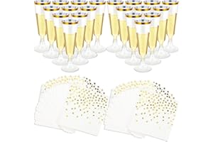 QUERICKY 50 pacchetti di flute da champagne dorati, 50 pacchetti di tovaglioli da cocktail bianchi e dorati, bicchieri da brindisi per matrimoni, fidanzamenti, forniture per feste, festa di Capodanno