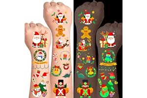 AIRNOGO Tatuaggi Natale Bambini 35 Fogli 350+ Design Carini, Tatuaggi Temporanei Luminosi per Bambino e Bambina Comprendono Babbo Natale Alberi Ghirlanda Renna Slitta Campanelle ecc, Regali Natale Bambini