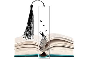 Dimeho Marque-page rectangulaire en acrylique transparent personnalisé en forme chat avec pompons noirs Accessoires marquage livre inspirants durables les projets bricolage Étudiants Vers bibliothèque