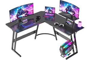 JUMMICO Scrivania Angolare, Scrivania Gaming 120x120cm - Tavolo da Gioco a L con Supporto Reversibile per lo Schermo - Versatile (gioco/lavoro/studio) - Rivestita in Carbonio - Nero1