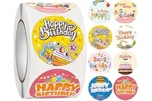 FALAFOTY 500 Pezzi Adesivi Buon Compleanno 1 Pollice Regalo Busta Decorazione, 8 Disegni Rotondo Compleanno Sigillatura Etichetta per Bambini Adulti Celebrare Compleanno Decorativo Biscotto Borsa (stile A)