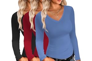 Ekouaer Damski 3-pak koszulek z długim rękawem, dekolt w szpic, koszule termiczne, elastyczne, dopasowane do ciała, rozmiar S-XXL