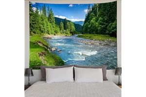 BCKAKQA Forest Wall Tapestry Green Tree and Mountain Tapestry Blue Sky and River Nature Landscape Tapestry Wall Hanging for Bedroom Dorm Living Room Home Decor Background Wall Blanket (150X200cm ,59"X79")