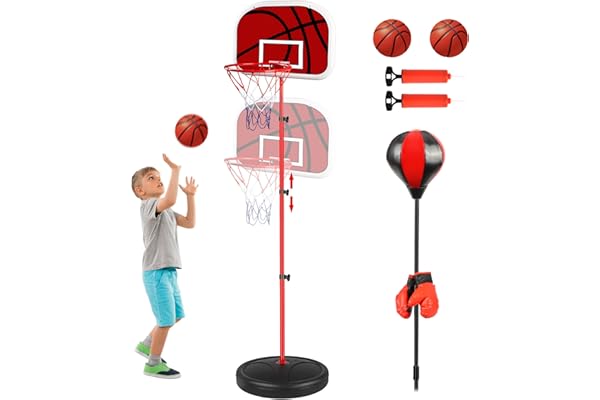 Aragallant Panier De Basket pour Enfants, Panier De Basket Réglable en Hauteur, Sac de Boxe Debout, 2 en 1 Jouet de Sport pour Extérieur Intérieur, Cadeaux pour Garçons et Filles pour 4 à 12 Ans