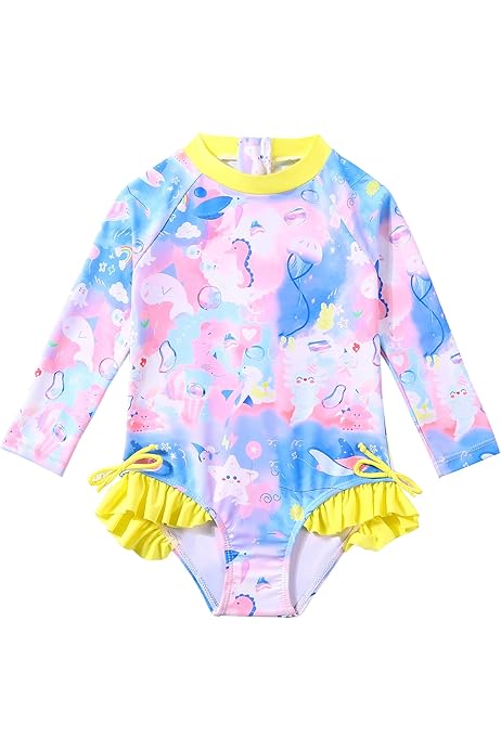 Tame The Sun Long Sleeve Girl Swimsuit - Rash Guard, UPF 50 Zipper Multicoloured Swimwear - Frill Bathing Suit For Ages 3-12 In Kenya | One-Pieces