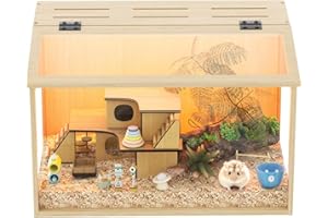 BingoPaw Wooden Hamster Cage Chewproof: Wood Hamster Cages Habitats Openable Top with Tempered Glass, Solid Built for for Dwarf Syrian Hamster, Gerbil, Rats M(60 * 40 * 40cm)
