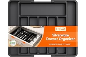 Lifewit Range Couverts, Plateau d'Ustensiles Extensible pour Tiroir, Organisateur de Tiroir Réglable pour la Cuisine, Rangement Compact en Plastique pour contenir des Cuillères, Fourchettes, Noir