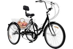 Donened Bicicletta pieghevole da 24 pollici, 7 marce, 3 ruote con cestino schienale e portabicchieri 3 ruote bicicletta per adulti e anziani