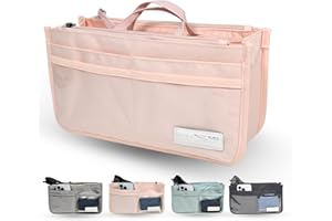 GOR/ADN Organizador de bolsos de mujer insertable para interior de bolso, 2 asas, 13 compartimentos (10 bolsillos, 6 transparentes, 2 con cremallera, 1 central grande), ligero, poliéster 27,5x15,5x9,5cm ROSA