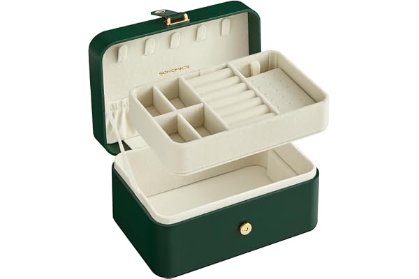 SONGMICS JBC166C01 Smyckeskrin, 2-lagers smyckeförvaring, 11 x 16 x 8 cm resesmyckeskrin, bärbart smyckefodral, liten, rymlig, för större tillbehör, presentidé, skogsgrön